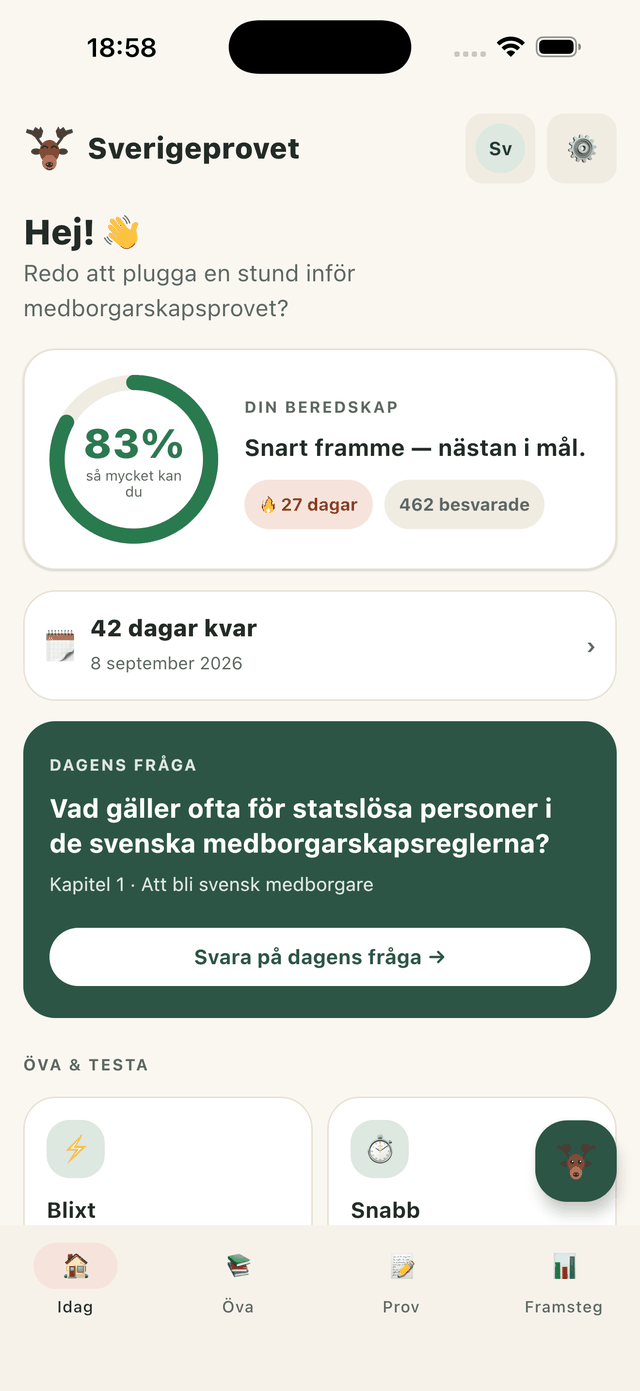 Sverigeprovet på en telefon: dagens fråga visas på svenska med översättning under, tillsammans med beredskap i procent och antal dagar kvar till provet.